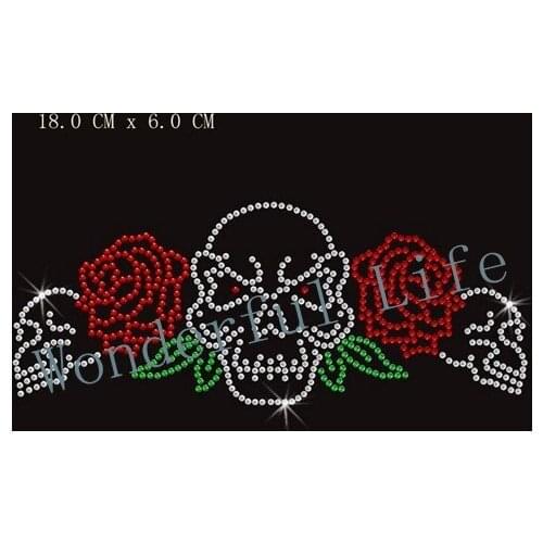Free Shipping hotfix rhinestones heat transfer design iron on motifs three skulls with flowers red with green and white
