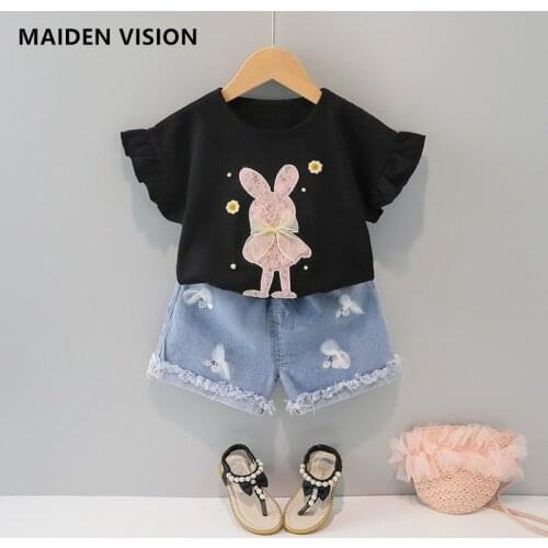 Cotton Little Girl Shorts T-shirt Denim shorts Set Summer Cartoon rabbit Bow 2 Pcs/Set Newborn infant suit Girls Casual Outfits