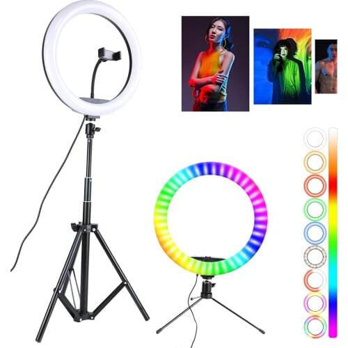 33cm RGB Photography Ring Light Tripod Dimmable Colorful Selfie Lamp With Phone Clip Holder Photo Studio Lighting For Video Live