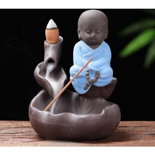 Creative Lotus Monk Waterfall Backflow Incenser Holder Aromatherpay Burner Lotus Censer Blue Color Monk Home Decor
