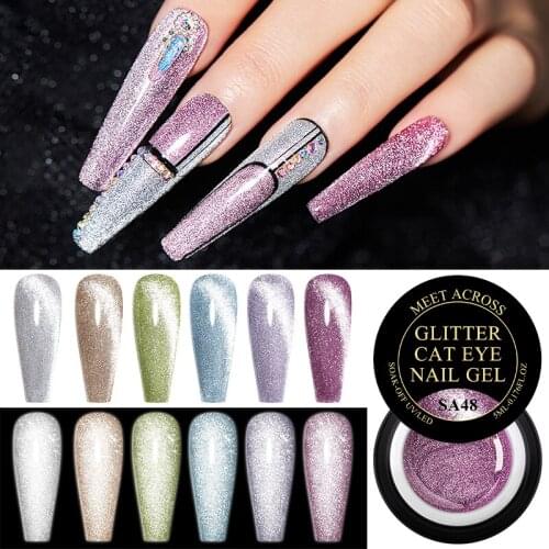 MEET ACROSS Reflective Crystal Spar Cat Eye Gel Nail Polish Semi Permanent Transparent Nail Art Varnish Soak Off Uv Top Gel