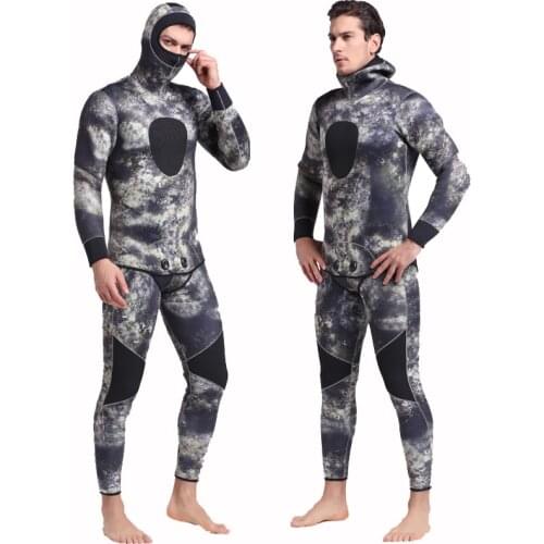 Camo Spearfishing Wetsuits Mens 5mm Premium Neoprene 2-Pieces Hooded Super Stretch Diving Suit Spearfishing Full Suit