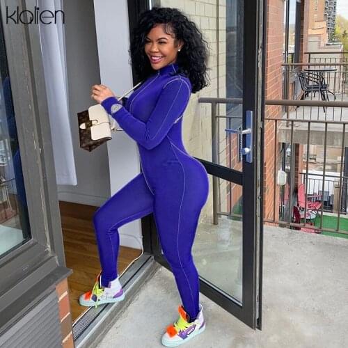 KLALIEN autumn casual long sleeve zipper skinny elastic solid jumpsuit women fashion high street activewear romper ladies 2020