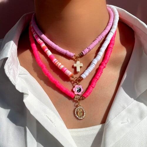 New Pink Clay Beads Yin Yang Flower Choker Necklace For Women Bohemian Cross Maria Pendant Necklaces Fashion Party Jewelry Gifts