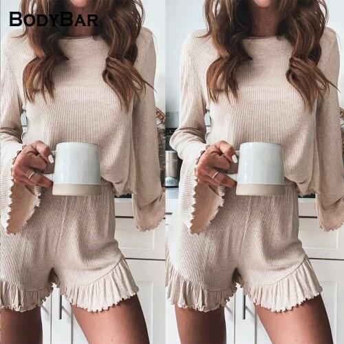 Casual Solid Color Trumpet Long-sleeved Pullover And High-waist Shorts Homewear Set 2021 Round Neck Short Top With Fungus Outfit