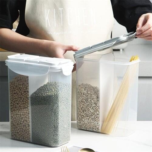 2 Grid Transparent Rice Bucket Kitchen Grains Pasta Sealed Tank Insect-Proof Food Fresh-Keeping Storage Box Dry Goods Organizer