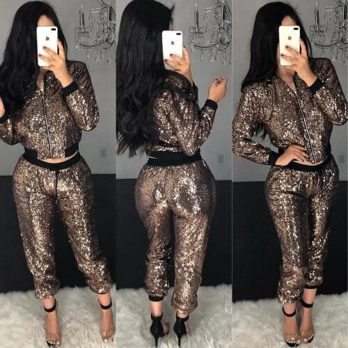AHVIT Sequinted Shine Sexy Women Two Piece Set Long Sleeve Zipper Crop Top And Hight Waist Long Pants YZ-A839