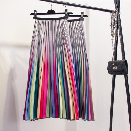 Fashion Contrast High Waist Pleated Skirt 2021 Spring Autumn Skirts Womens Elastic Waist A Line Midi Skirt Mid Calf Long Skirts
