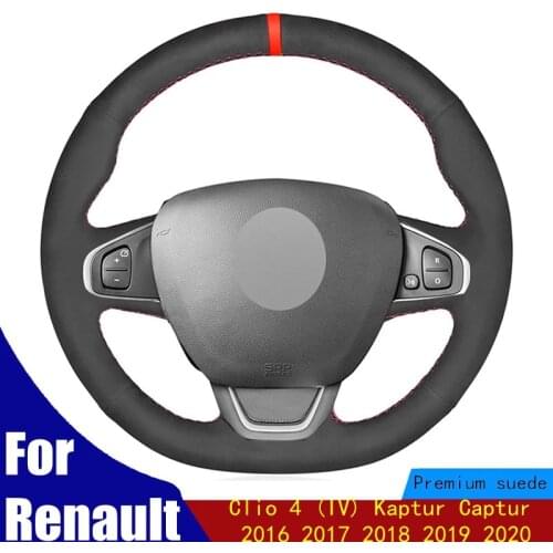 DIY Car Steering Wheel Cover Black Suede Red Marker Hand Stitched For Renault Clio 4 (IV) Kaptur Captur 2016 2017 2018 2019 2020