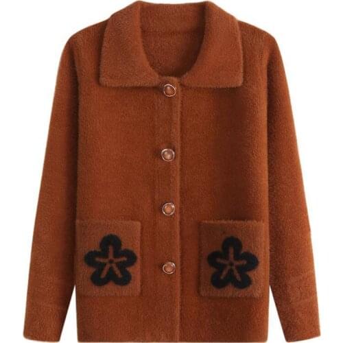 Women Autumn Winter Mink Fleece Coat Elderly Knit Sweater Jacket Female Casual Loose lapel Plus Size Cardigan Sweater Top R717