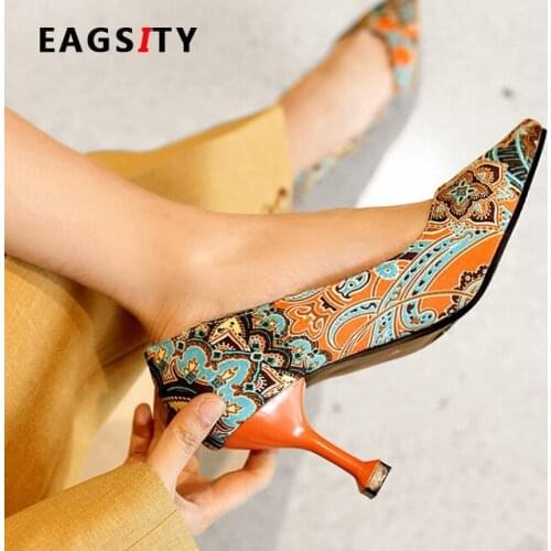EAGSITY National style Women high Heel Shoes pointed toe fashion ladies stilletto heels wedding pumps party dancing office lady