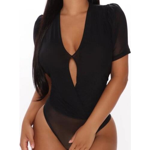 Women Summer Sexy Jumpsuit Slim Deep V Neck Puff Short Sleeves Female Mesh Transparent Solid Color Bodysuit Fashion