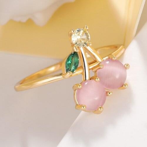 Sweet Fruit Crystal Cherry Rings For Women Fashion Gem Gold Color Finger Rings Party Gifts Jewelry 2021