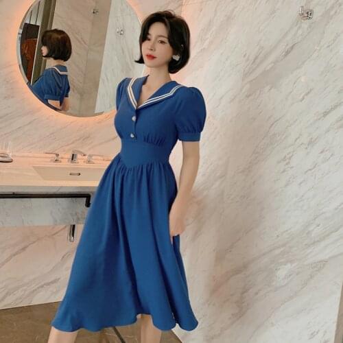 2020 S Blue Peter Pan Collar Short Sleeve Elegant A Line Dress for Women Sexy Party Office Dresses Ummer Vintage Classy Dress
