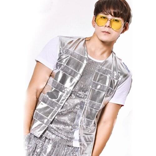 Vest+T-shirt++pants) silver sequin 3 piece sets male singer nightclub bar jazz rock costumes suit lead dance show Haren pants