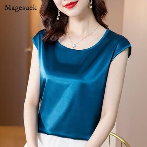 2021 Silk Women Summer Plus Size Blouse Solid O-neck Slim Sleeveless Top for Women Elegant Casual Loose Satin Blouse Blusa 15113
