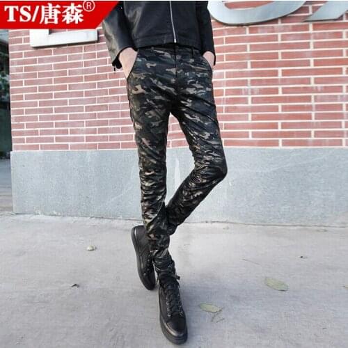28-34 ! 2016 fashion Male leather pants slim skinny pants mens clothing trousers Camouflage pencil pants stage singer costumes