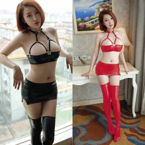 3pc/set Sexy Women PU Faux Leather Micro MINI Skirt Bra Wet Look Club DS Dance Wear Skirt Fantasy Erotic Wear