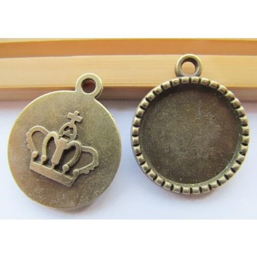 50pcs Antique Bronze/Antique Silver tone Round Crown Base Setting Tray Bezel Pendant Charm/Finding,fit 18mm Cabochon/Cameo