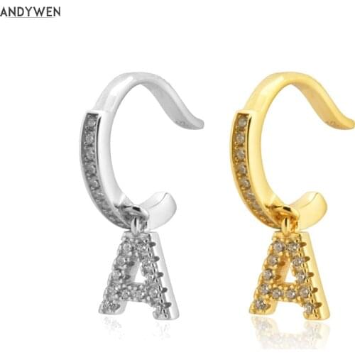ANDYWEN 925 Sterling Silver Initial Letter A Earcuffs Rock Punk No Piercing Clips Ear Cuff Earring Luxury Wedding Jewelry