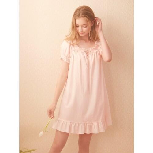 Free Shipping 2020 New Spring Princess Nightdress Womens Short Nightgown Lace Sleepwear 100% Cotton Pink and White Nightshirt