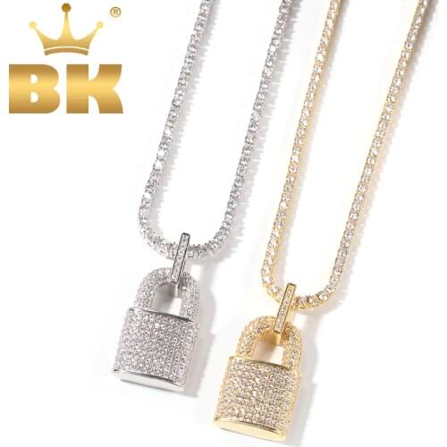 THE BLING KING Full Iced Out Micro Bling Cubic Zirconia Lock Pendants Tennis Chain Necklace For Men Charm Hiphop Rapper Jewelry