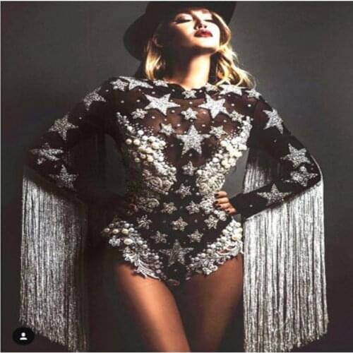 Dropshipping Pearl black star bodysuit Sexy stage dance jumpsuit women singer party dance wear
