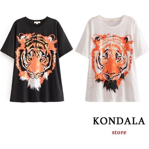 KONDALA Za Streetwear Tiger Print Tshirts Women Cotton Oversized Summer 2021 Fashion T-Shirts Girls High Street Chic Tops Mujer