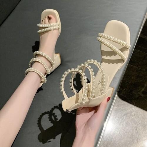 Hot Sale Sexy Sweet Open Toe Pearl Ladies Sandals Summer New All-Match Zipper Mid-Heel Square Toe Roman Shoes