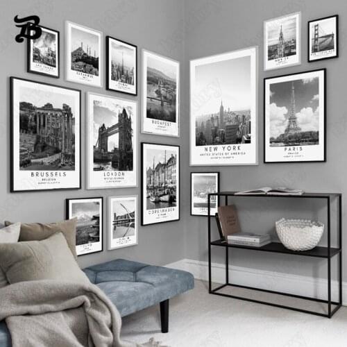 Nordic Travel Canvas Painting Modern Black and White Natural Scenery Buildings Wall Art Pictures for Living Room Home Decor