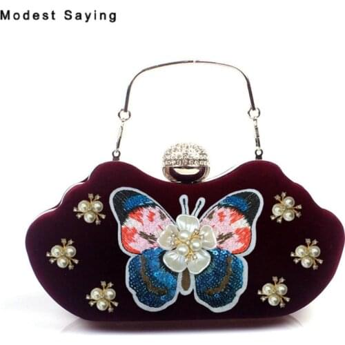 Classic Dark Red Embroidery Handbags for Wedding Party 2018 Formal Women Velvet Evening Purse Dolly Bags Wedding Accessories