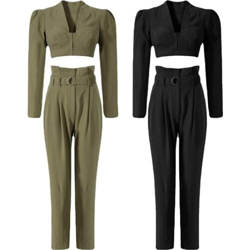 The Latest Stylish Lady Spring Fall Safari Style 2-Piece Bubble Long-Sleeved Short Top With Flower Buds Pleated Belted Trousers