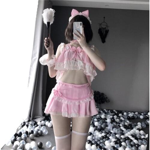 Japanese Cute Cat Girl Lolita Dress Set Maid Uniform Kawaii Kitty Cosplay Costume Anime Underwear Lovely Cat Women Outfit