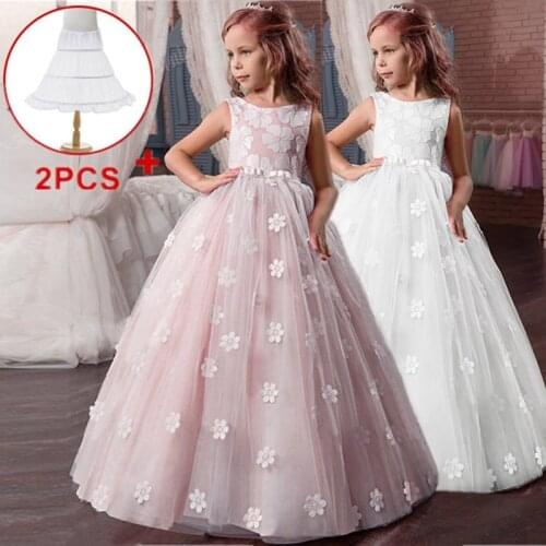 Princess Lace Bow Flower Girl Dresses Sleeveless First Communion Gowns Beach Wedding Party Dresses formal with Pageant Gown