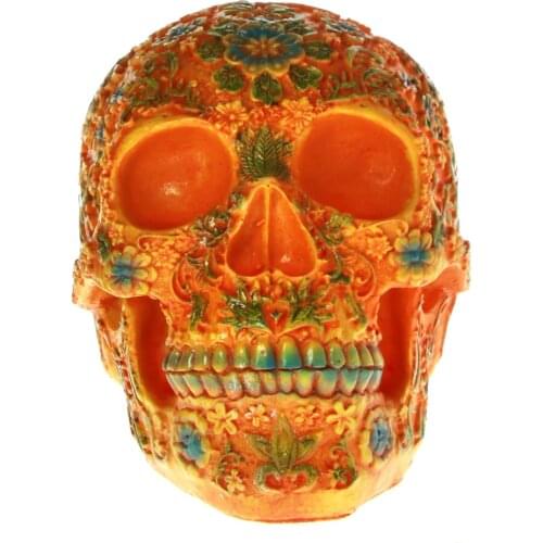 [MGT] Mexican Day of the Dead Floral Carved Skull Head Resin Figurine Orange Sugar Flower Skull Halloween Sculpture