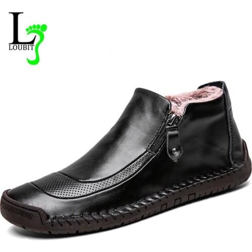 Mens Leather Boots With Fur Winter Warm Work Shoes Men Business Boots Flat Male Footwear Casual Shoes Plus Size 48 Botas Hombre