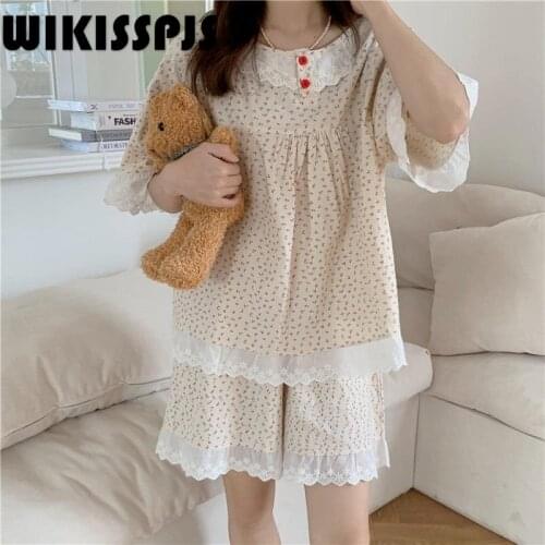 2021 Summer New Floral Lace Edge Cotton Sweet Lovely Loose Short Sleeve Girls' Home Wear Lounge Wear Pajamas for Women