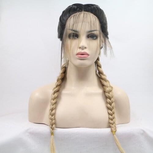 Braid Black Ombre Blonde Synthetic Lace Front Wig Braided Wigs 2 Braids Highlight Big Braiding Ponytail With Babyhair For Women