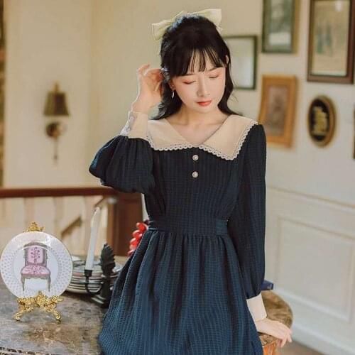 Dress red blue Autumn Winter Dress New Arrival Retro French Style Peter Pan Collar Women Cotton Long Dress maxi party dress