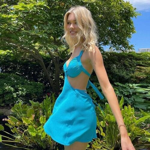 Beach Sexy Satin Cut Out Mini Bodycon Dress Chic Women Backless Chest Wrap Halter Dress Summer Party Night Club Holiday Outfits