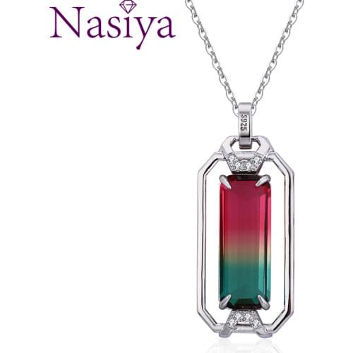 Silver Pendant Necklace Large Inlaid Empty Rectangular 10*26MM Color Tourmaline Zircon Pendant Necklace Party Gift