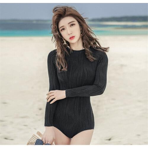 Long Sleeve One Piece Swimsuit Women Solid Swimwear Zipper Rash Guard Pad Bathing Suit Push Up Surf Suit Black Korea Plus Size
