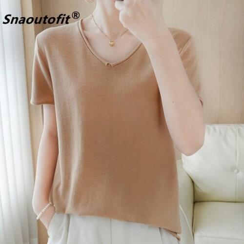 Snaoutofit 2021 Summer New Womens Pure Cotton T-Shirt V-Neck Short Sleeve Loose Large Size Thin Casual Linen Knit Top Specials