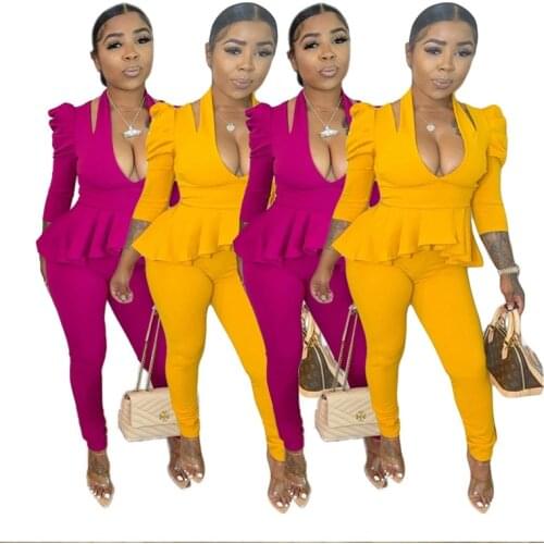 Sexy 2 Piece Set Ruffles V Neck Tops Fitness Pants Fall Outfits for Women Office Lady Clothing Loungewear Matching Sets