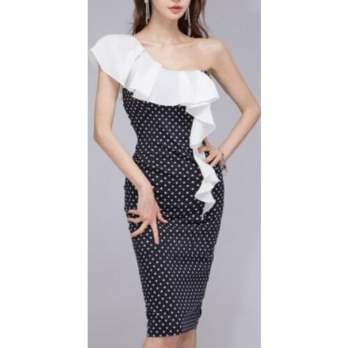Print Polka Dot Runway Woman Dresses New Arrival 2021 One Shoulder Sexy Party Dress Ladies Black White Dresses Woman Party Night