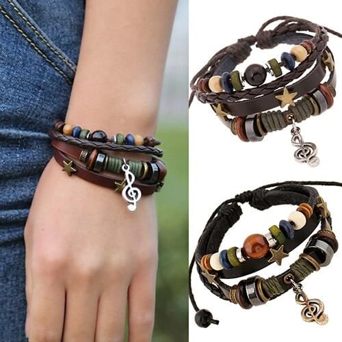 Unisex Music Beads Handmade Knitted Leather Adjustable Bangle Wristband Bracelet ASFJ