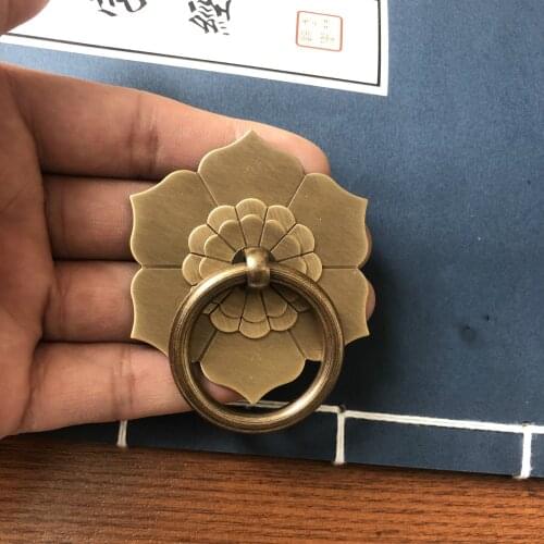 Vintage Brass Ring Handle Knocker Flower Washer Copper Drawer Pulls Cabinet Dresser Door Knobs Handles Chinese Furniture Pull