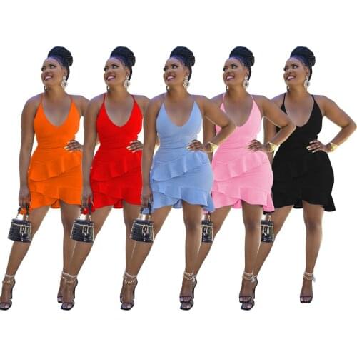 Somoshein S-XL Women Summer Clothing Fashion 2021 Sexy Solid Color Halter Backless Ruffled Mini Dress Wholesale Dropshopping