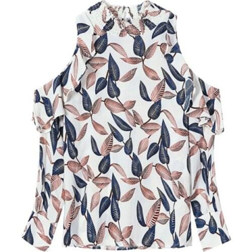 Off Shoulder Women Spring Summer Style Long Sleeve Stand Collar Leaf Printed Blouses Shorts Tops DD2327