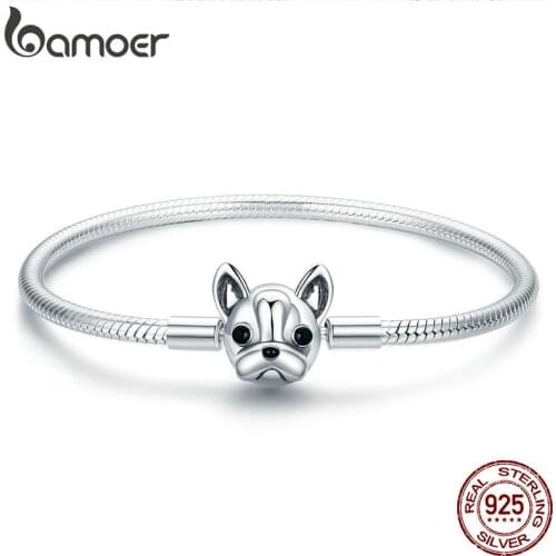 BAMOER 100% Genuine 925 Sterling Silver French Bulldog Doggy Snake Chain Women Bracelet & Bangles Silver Jewelry 17CM SCB075